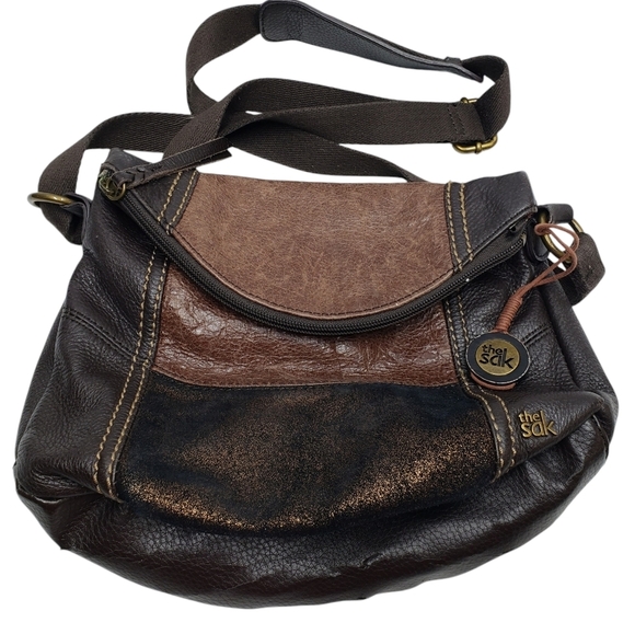 The Sak Deena Leather Crossbody Hobo Bag Foldover Multi Texture Shimmer - Picture 1 of 16